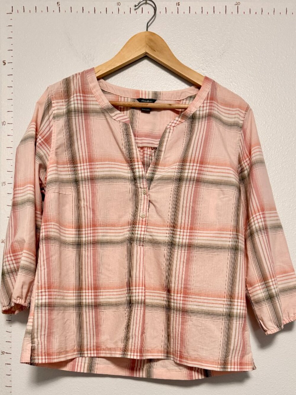Eddie Bauer Pink Plaid Peasant Popover Blouse Cotton Size M Cabin Cottagecore - Picture 3 of 8